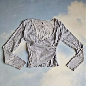 SO Women's Light Blue Wrap Top Floral Peint Light Blue Long Sleeve Top